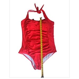 Vibrant Red One Piece Halter Swimsuit with Ruching